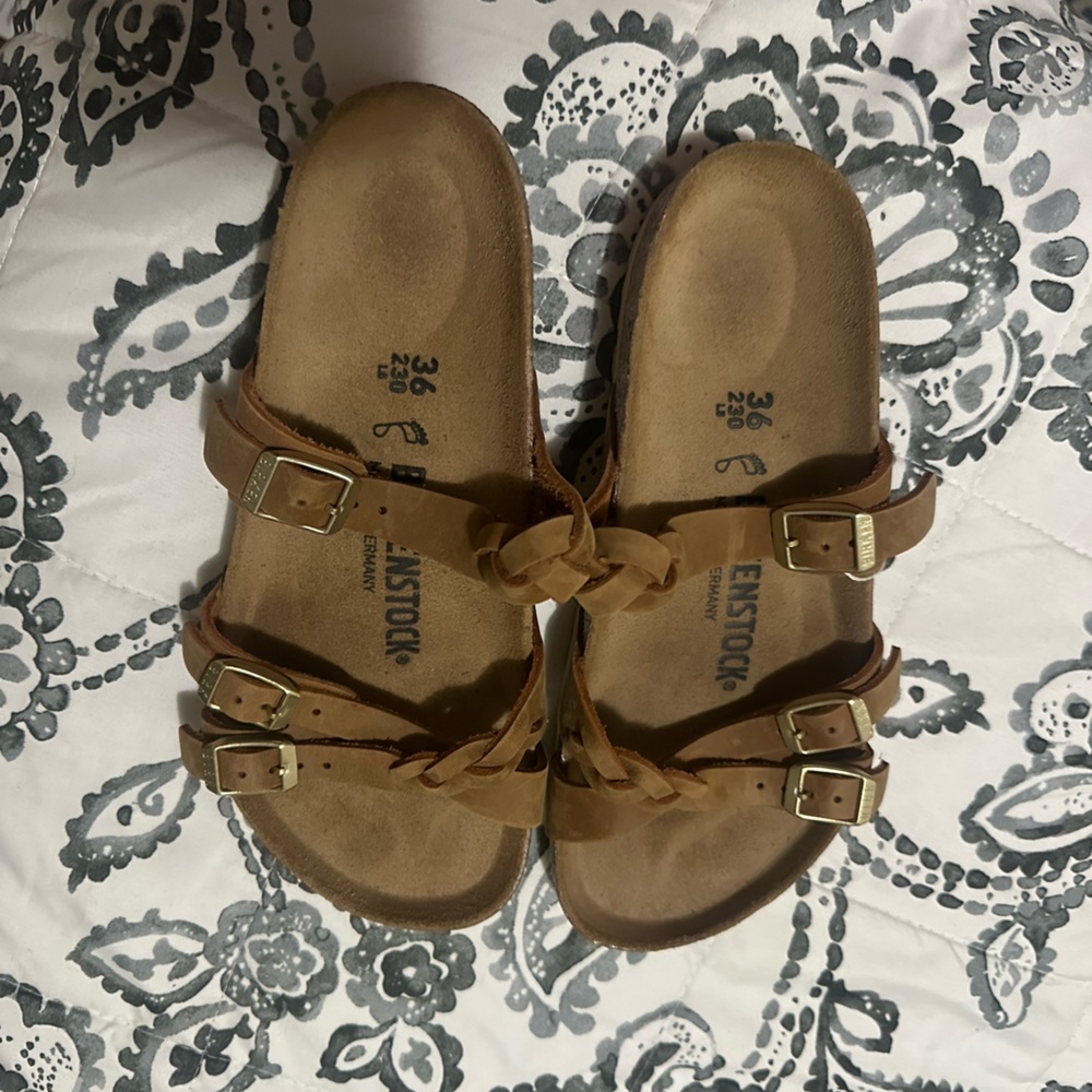Birkenstock-Style Triple Buckle Leather Sandals in Cognac Brown